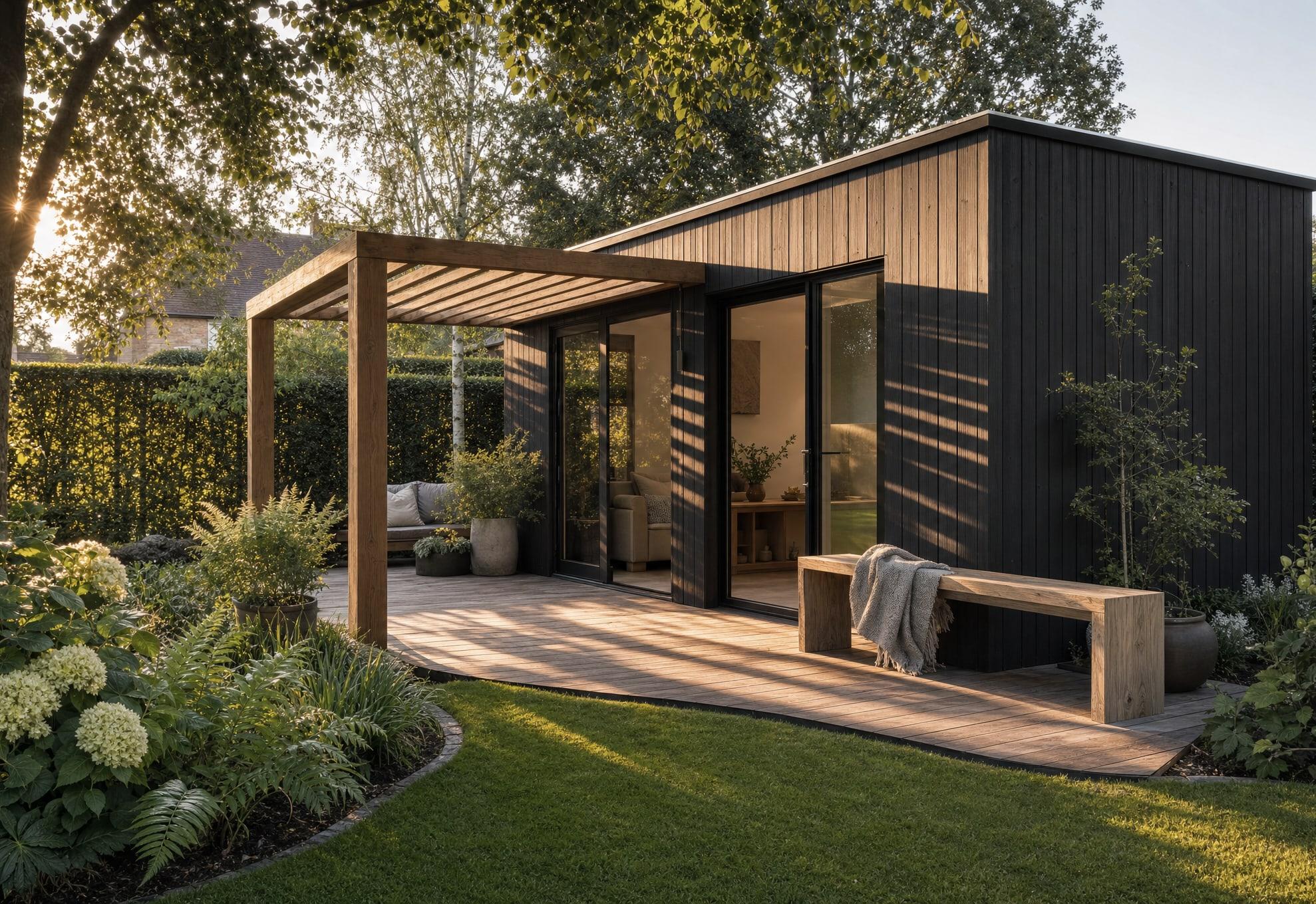 Sfeerbeeld: zwart houten tuinhuis met eiken pergola en vlonder in het avondlicht