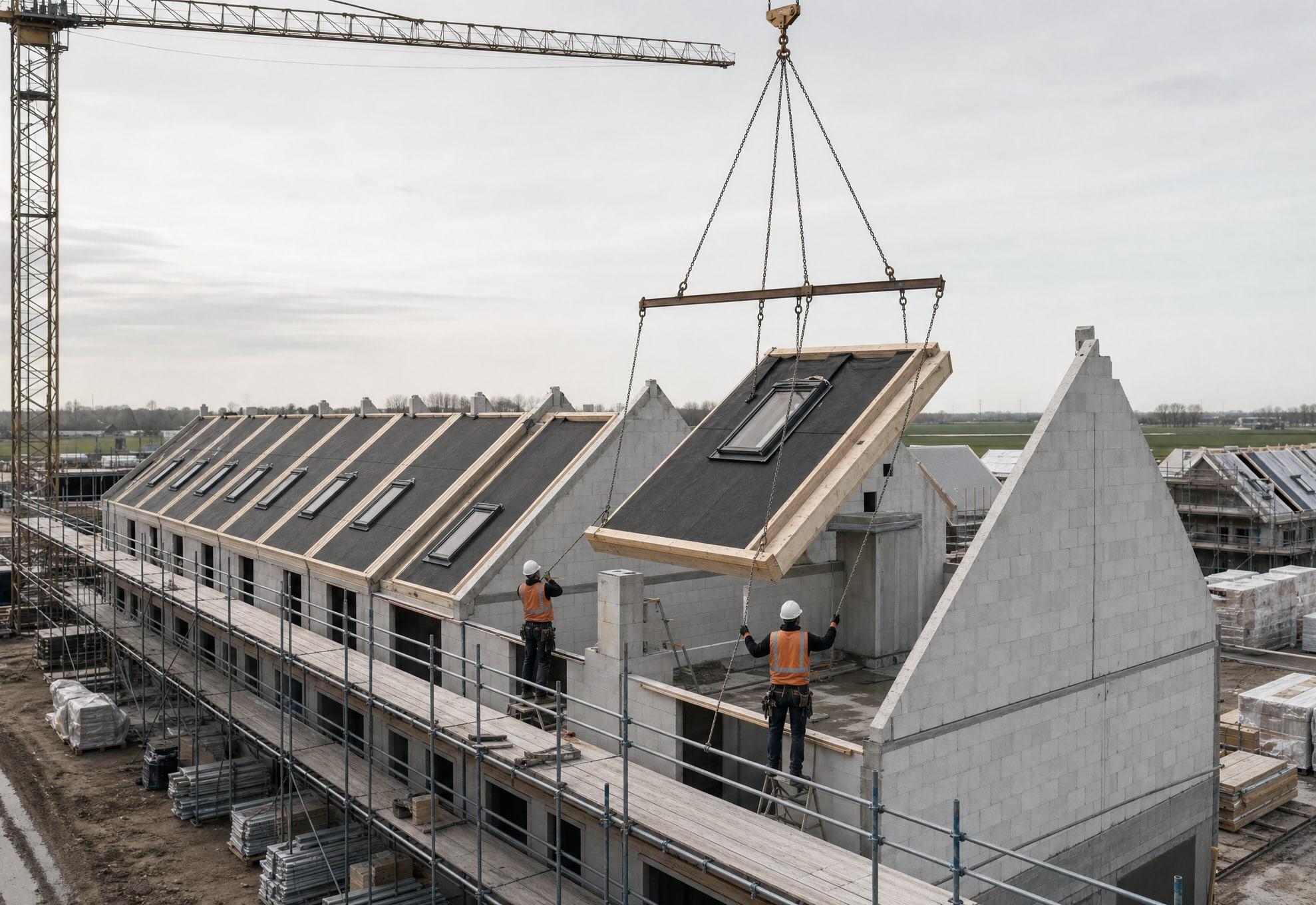 Sfeerbeeld: timmerlieden plaatsen een prefab dakelement met de bouwkraan op een rij nieuwbouwwoningen